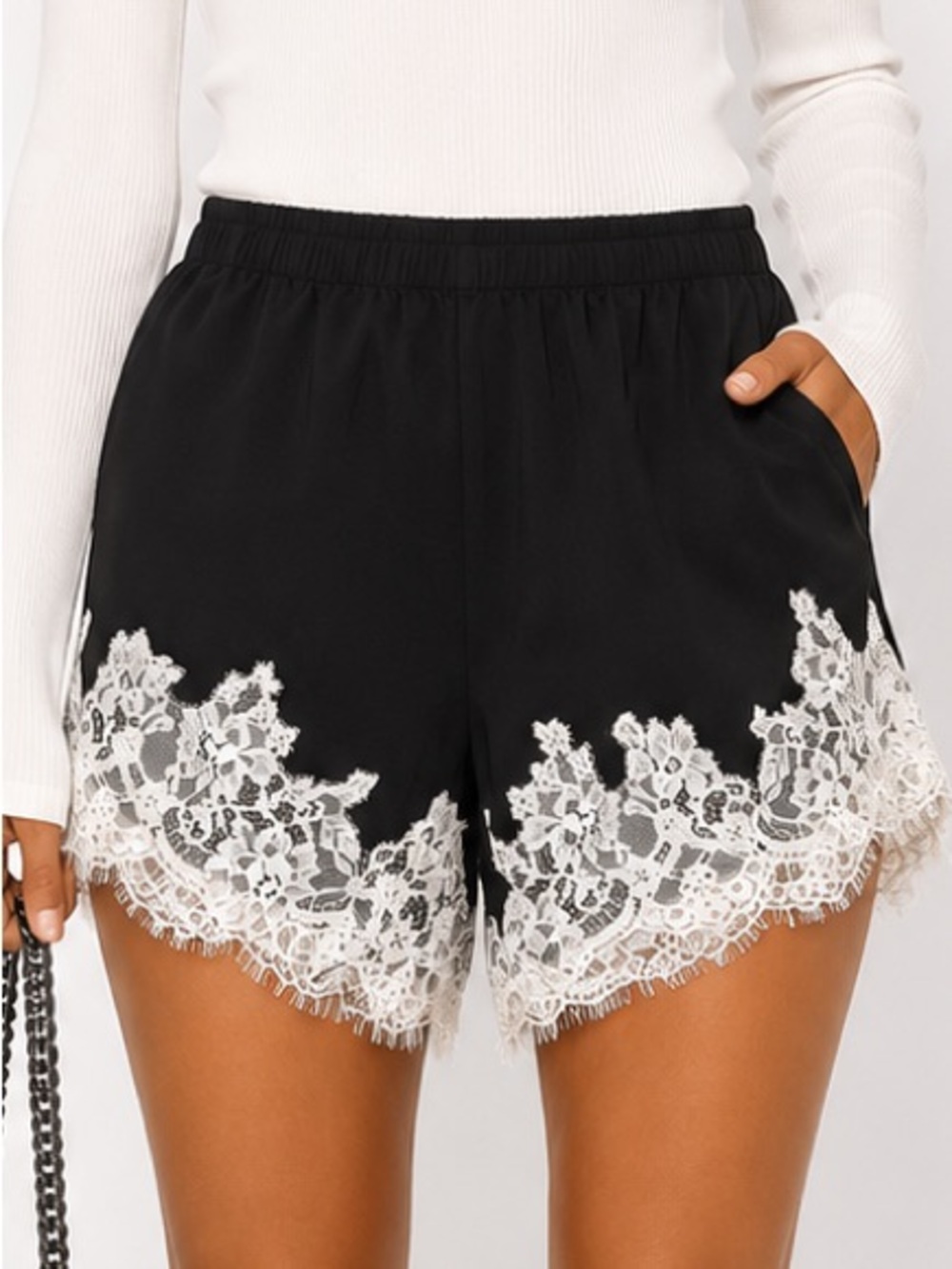 Whimsy Black Satin White Lace Trim Lounge Shorts | Luxe Sleep Shorts Large